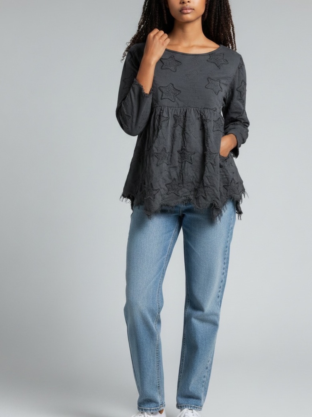 Forever That Girl Black Star Embroidered Boatneck Balloon Sleeve Peplum Top